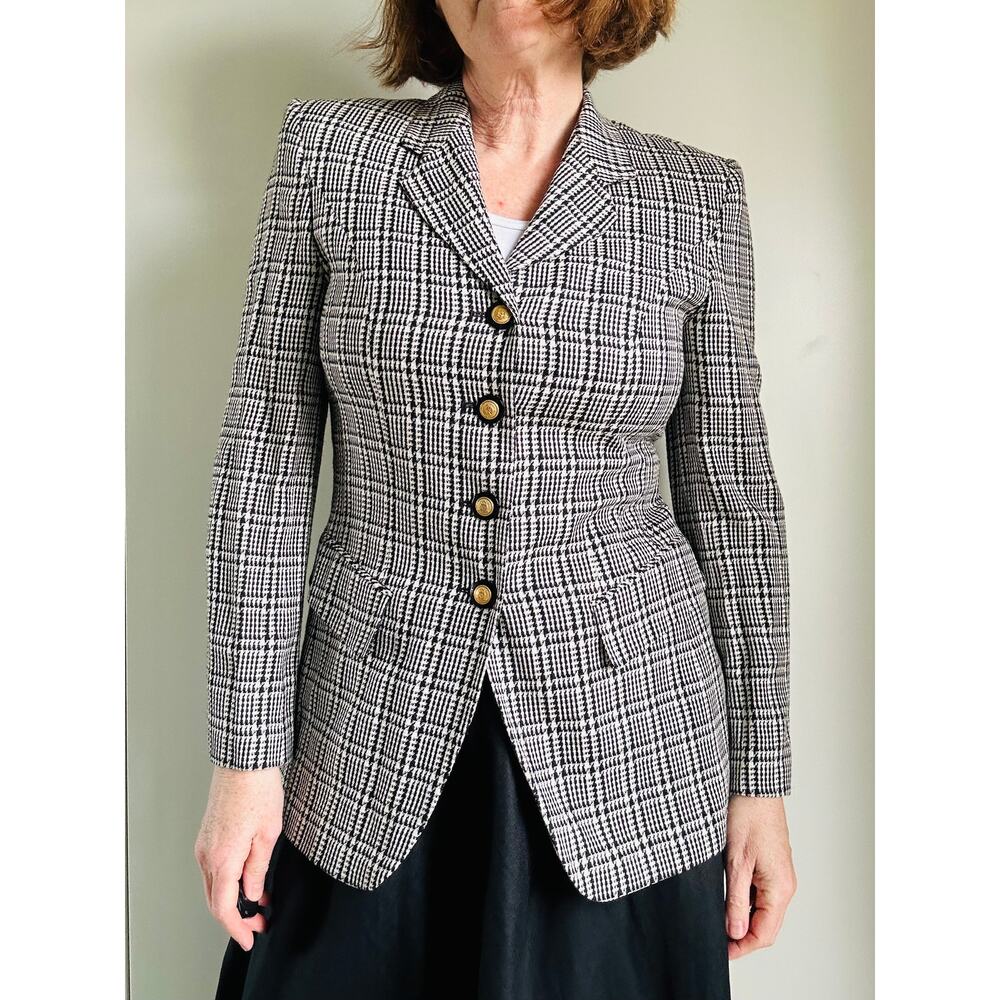 Vintage Mondi 90s Houndstooth Blazer Black Cream Tailored Old Money Aesthetic